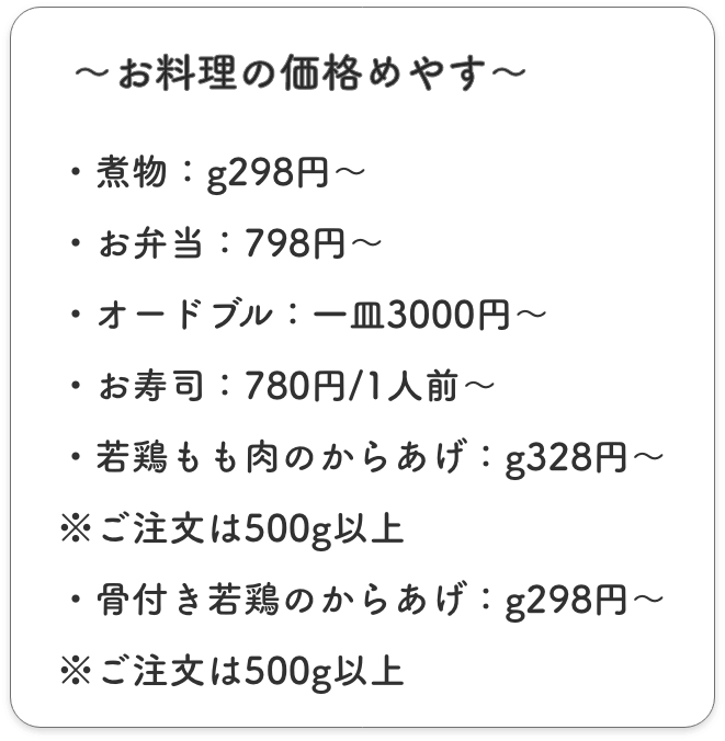 〜お料理の価格めやす〜
        煮物：g298、　お弁当：798円　、オードブル：一皿3000円〜　、お寿司：780円/1人前〜
        若鶏もも肉のからあげ：g328円〜　※ご注文は500g以上
        骨付き若鶏のからあげ：g298円〜　※ご注文は500g以上